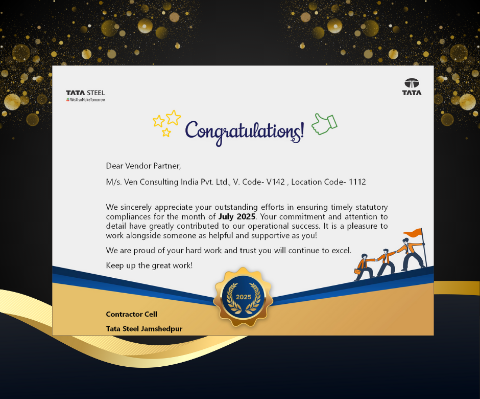 VEN India Receives Vendor Appreciation Certificate from Tata Steel